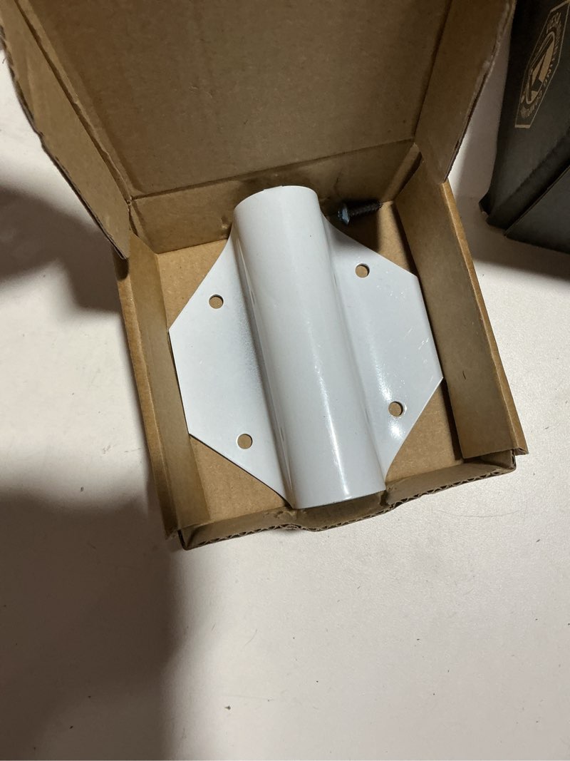 Condition photo showing Good Condition for side mount flag pole holder bracket accepts a 1" pole, metallic duty flag pole mounting bracket for outdoor railings, house porches, walls, courtyards, yards, roofs, wooden stakes other wooden walls