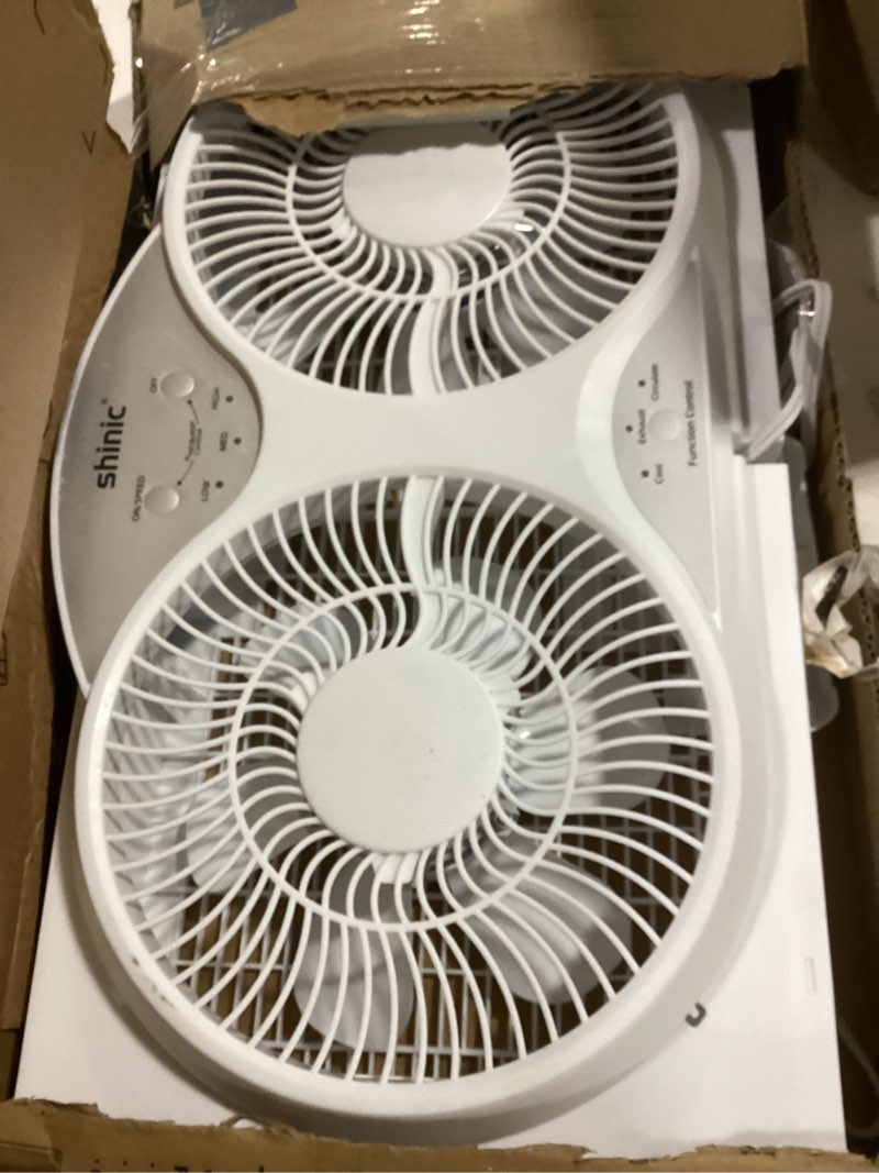 Condition photo showing As Is for shinic 9" twin window fan with reversible airflow, removable cover and bug screen, remote control, 3 functions-3 speeds, width adjustable (23.5" to 37"), bathroom kitchen window fan etl certified window fan with cover and bug screen white
