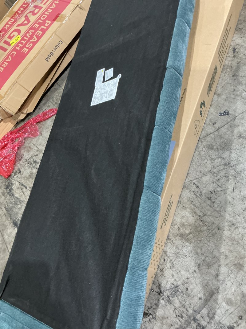 Condition photo showing As Is for ball & cast queen size upholstered bed frame with wingback headboard, chenille fabric grounded platform bed, floor-bed with slats support,teal teal queen