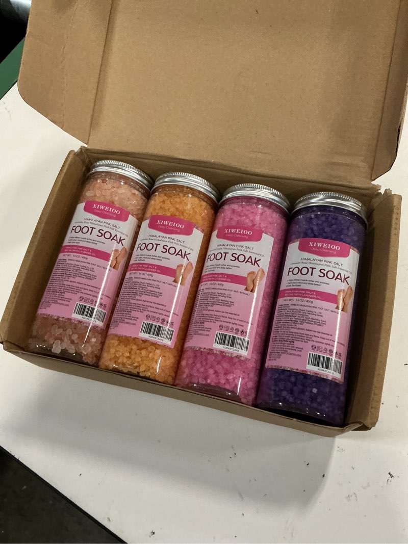 Condition photo showing New/Like New for foot soak salts 4 pack kit 56 oz himalayan pink salt lavender orange rose scent athletes itching,tea tree oil foot care pedicure for women dead sea salt moisturizing skin softens calluses