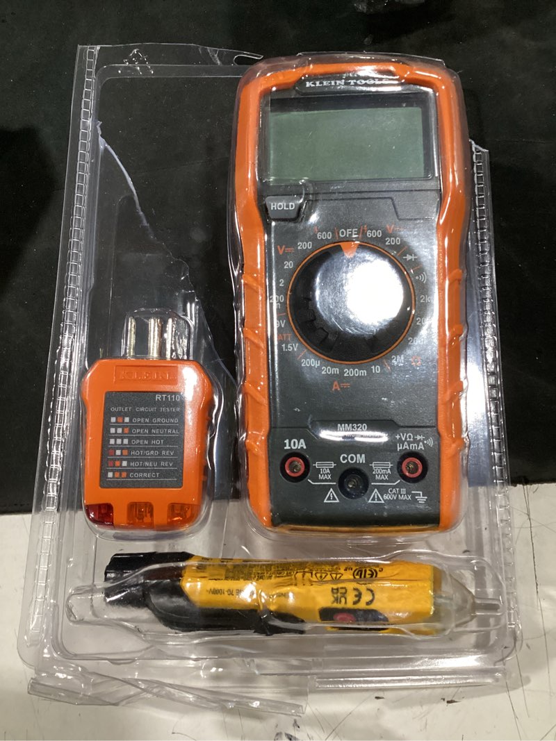 Condition photo showing As Is for (incomplete) klein tools premium electrical tool set with multimeter, volt tester, outlet tester