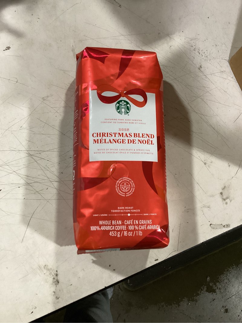 Condition photo showing New/Like New for starbucks christmas blend whole bean coffee 16oz, dark roast 100% arabica, rich spiced chocolate & spruce notes, limited holiday edition, bold, festive flavor from sumatra & latin america