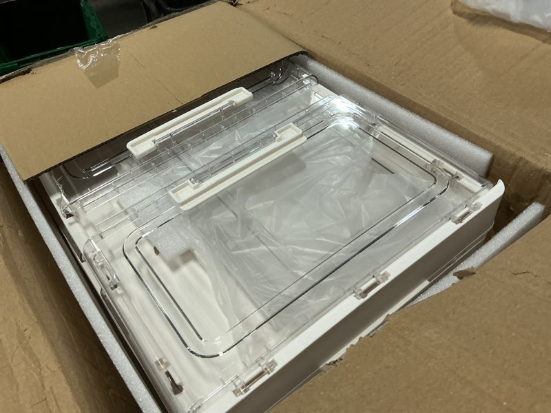 Condition photo showing Good Condition for SNSLXH Portable Clear Storage Bins with Lid & Wheels, 24QT Clear Storage Bins with Lid, 4-Tier Plastic Bins with Wheels, Stackable, Magnetic Doors, for Bedroom, Living Room, Office 34.6*14.96*11in