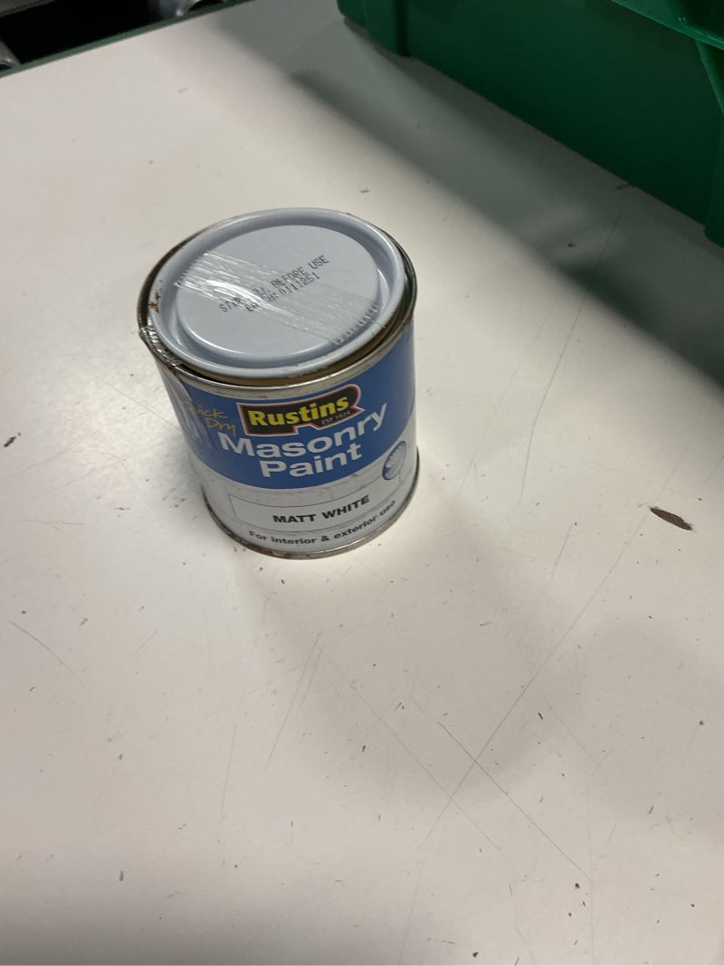 Condition photo showing As Is for rustins quick dry masonry paint matt white, 250 ml