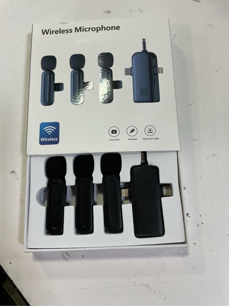 Condition photo showing Good Condition for 3 in 1 Wireless Lavalier Microphones for iPhone,Android,USB-C,Camera,Built-in Reduction ChipNoise,Plug-Play, 2.4G Ultra-Low Delay Mini Microphone for Interview/tiktok/Vlog/YouTube(3 MIC) 3MIC-3IN-1