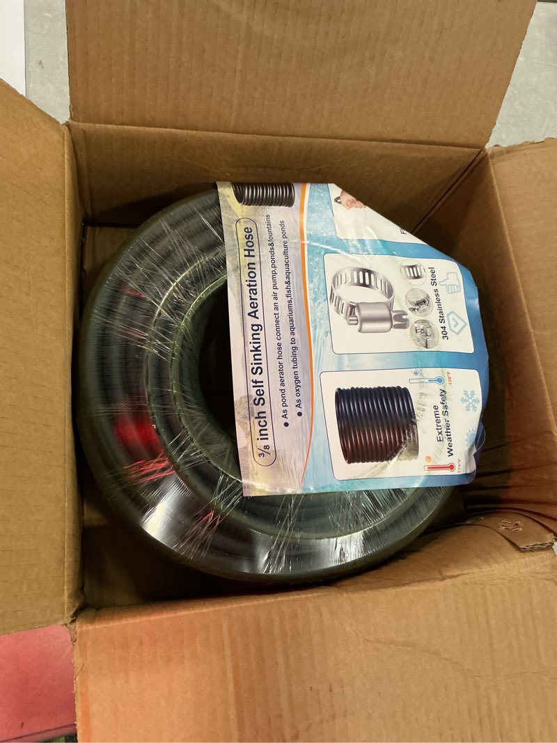 Condition photo showing Good Condition for ? inch self sinking aeration hose,100 feet pond aerator hose kit with 4 copper menders and 8 stainless steel use for aquaculture,garden and lake aeration of aeration and water re-circulatio