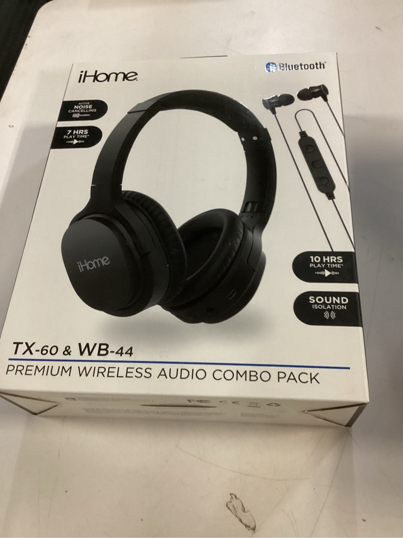 Condition photo showing New/Like New for ihome hm-au-bo-200-x2 wireless combo pack with active noice cancelling headphones and wireless earbuds