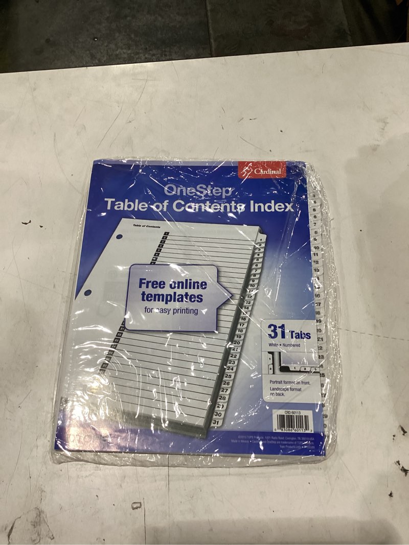 Condition photo showing New/Like New for cardinal 60113 traditional onestep index system 31-tab 1-31 letter white 31/set