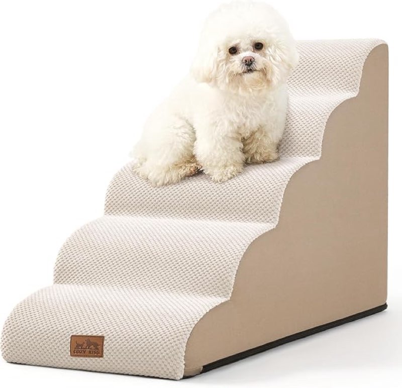 dog stairs for small dog 22.6" h, curved pet step for puppy, older cat, medium pet ramp for high bed, ladder with high density foam, durable, 5 step, 15.7x33x22.6 inch, beige