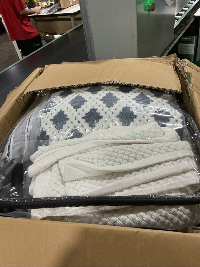 Condition photo showing Good Condition for madison park farmhouse king cotton comforter set with removable cover, 9pc | clipped jacquard stripes with buttons bedding set, boho, oversized, easy care, breathable, cozy, all season, ultra soft blue king