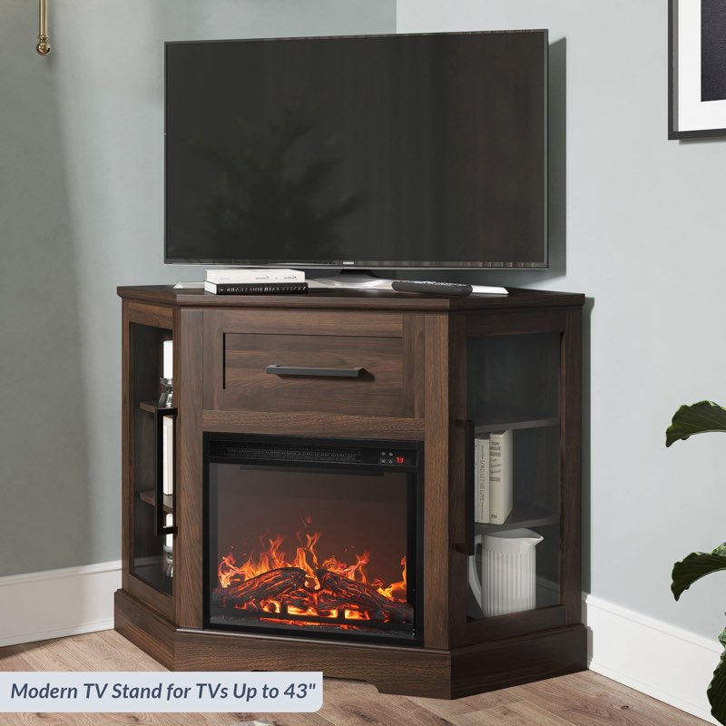 BELLEZE 43\" TV Stand with 18\" Electric Fireplace, Fireplace TV Stand for TVs up to 43\", Modern Corner Wood Entertainment Center with Storage - Dale (Dark Walnut