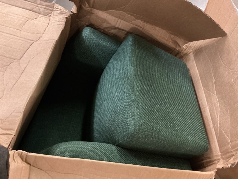 Condition photo showing As Is for mossbrook green fabric upholstered swivel accent chair