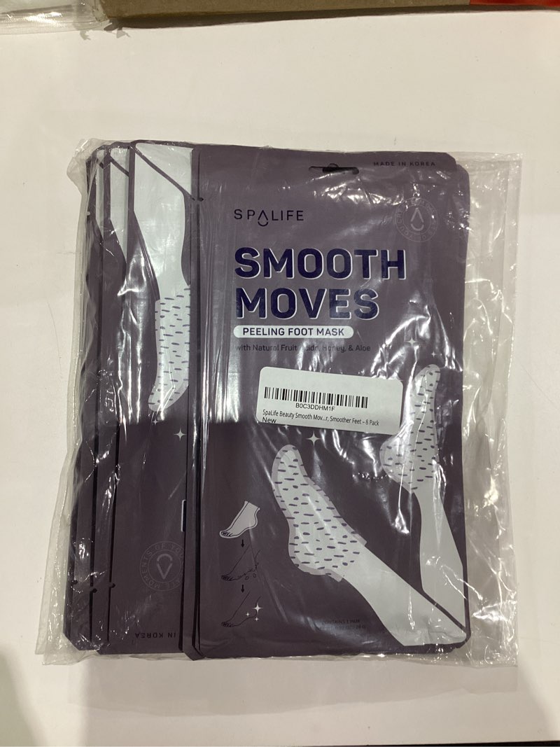 Condition photo showing New/Like New for SpaLife Beauty Smooth Moves Peeling Foot Masks for Callus Removal – Foot Peel for Dry, Cracked Feet – Made with Natural Fruit Acids AHAs, Honey, Aloe, & Eucalyptus for Softer, Smoother Feet – 8 Pack