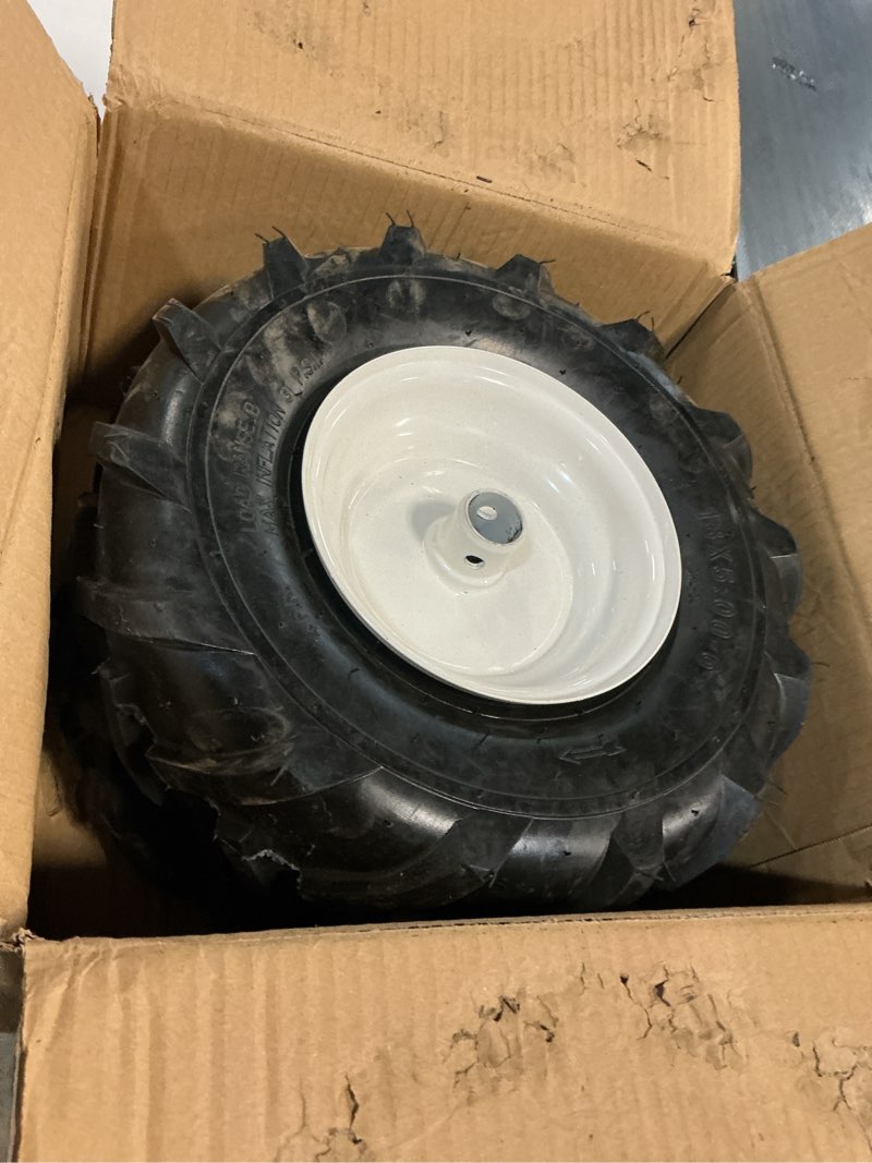 Condition photo showing As Is for ar-pro (2-pack) 13x5.00-6 tiller tires and wheels – 1" axle bore, 3-1/8" centered hub – replacement 4-ply pneumatic tires for garden trailers, tillers, trenchers, and compact utility equipment 13x5.00-6 (1"axle bore)