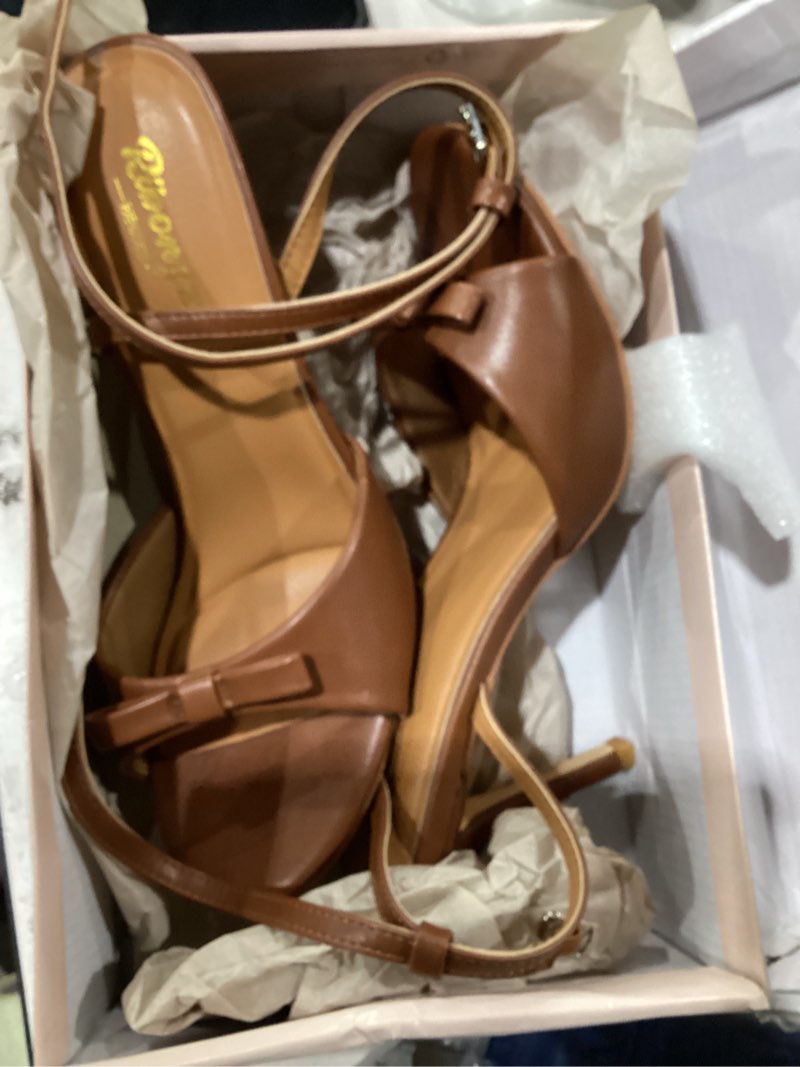 Condition photo showing As Is for ribongz heels for women strappy open toe stiletto heel with bow shoes 8.5 taupe pu