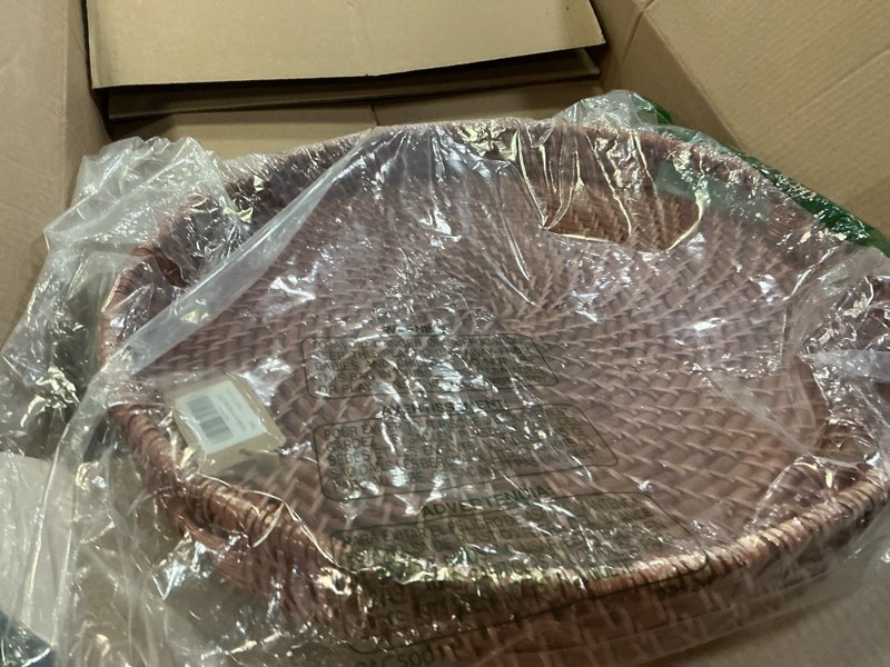 Condition photo showing Good Condition for round rattan woven serving tray with handles ottoman tray for breakfast, drinks, snack for coffee table, home decorative (16.9 inch, honey brown) 16.9" honey brown