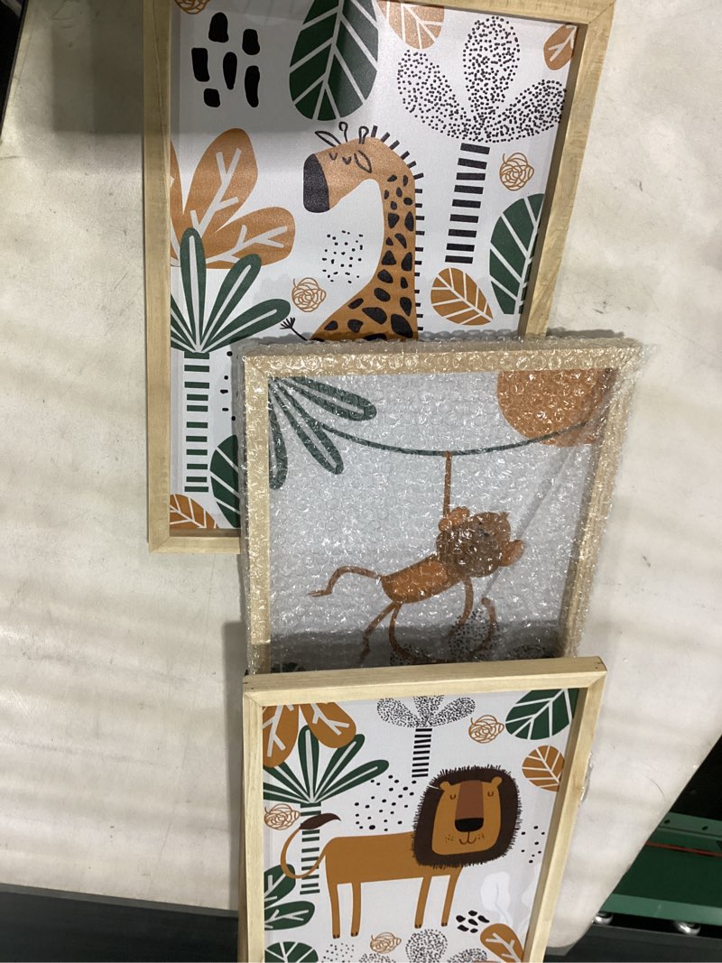Condition photo showing Good Condition for comurdyo kids cute animal wall art set of 3 framed safari prints cartoon lion monkey giraffe sign 16×11 inch for baby room toddler nursery children's room boho rustic wood framed hanging decor (wood) 16"l x 11"w wood