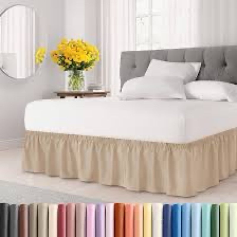 Wrap Around Dust Ruffle Bed Skirt - Cream - for Queen Size Beds with 21 Inch Drop - Easy Fit Elastic