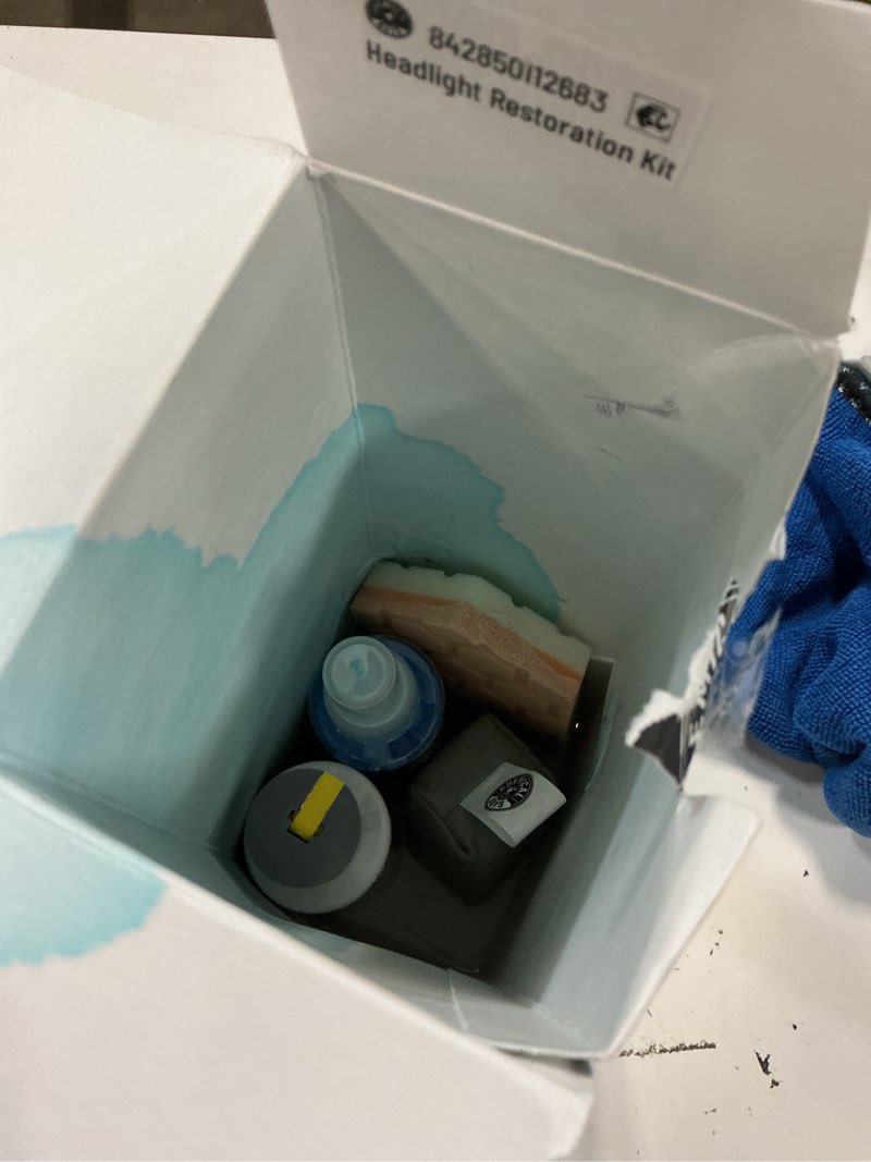 Condition photo showing As Is for chemical guys headlight restoration & ceramic kit, complete diy kit for removing yellowing & oxidation, includes restoration compound, hydrocharge with microfiber & applicator headlight restorer kit