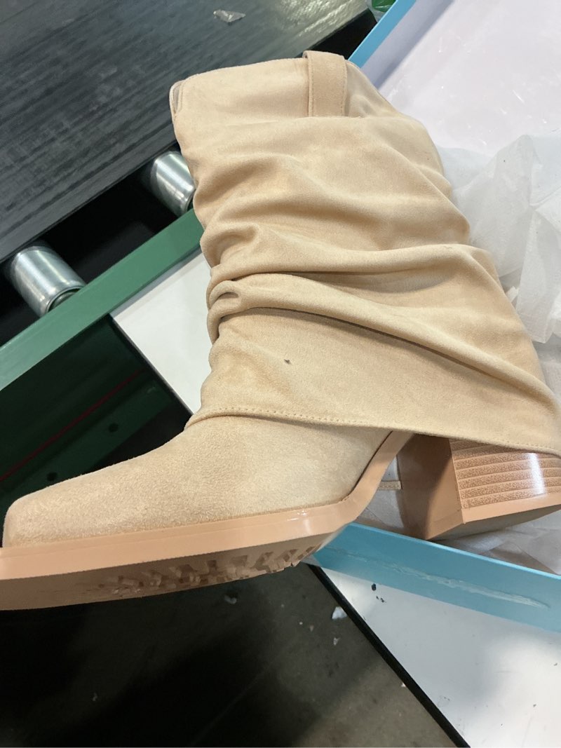Condition photo showing New/Like New for cowboy boots for women cowgirl boots mid calf square toe fold over chunky heel slouchy suede boots 8 beige