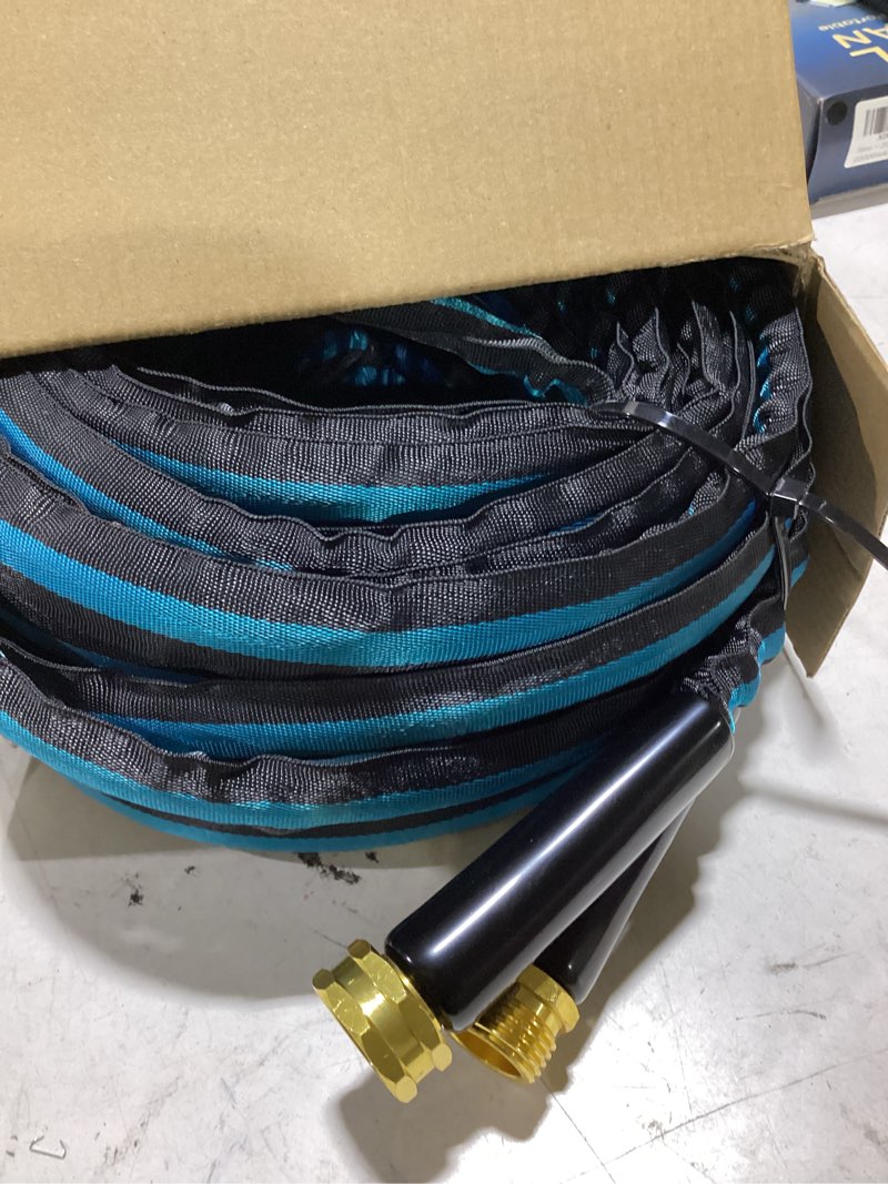 Condition photo showing Good Condition for 75ft non-expandable garden hose, flexible water hose with spray nozzle, kink-resistant, leakproof 3/4" brass connectors, lightweight & portable water pipe for yard, lawn outdoor 75ft blue