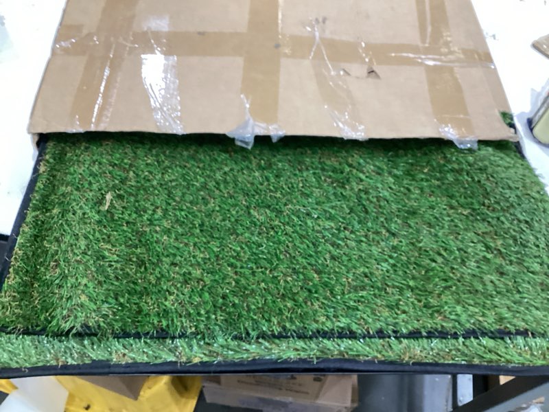 Condition photo showing As Is for dog grass pad with tray(40×27.5 inch), large xl reusable 3-layer dog pee potty grass pads, easy to clean artificial fake grass for indoor outdoor and balcony (2 pcs grass pad+drainage grate+tray)
