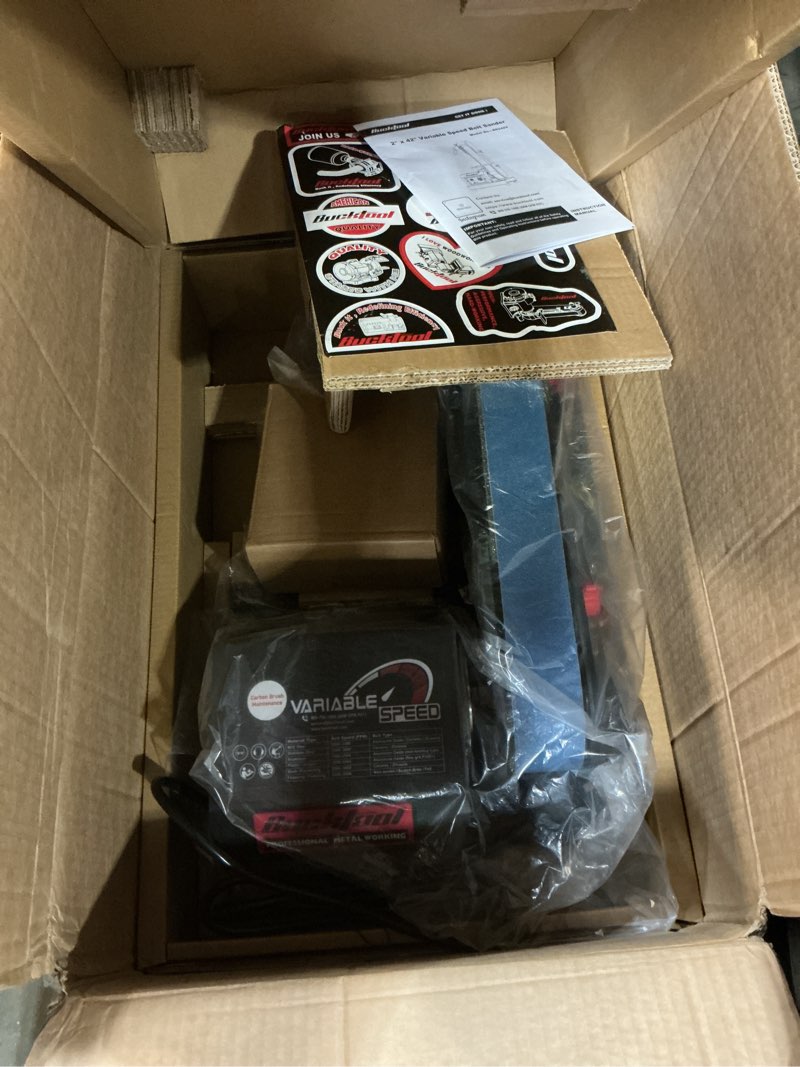 Condition photo showing New/Like New for Bucktool Variable Speed 2×42 Inch Belt Sander 3.5A DC Motor with Control Panel, Quick Belt Release, 