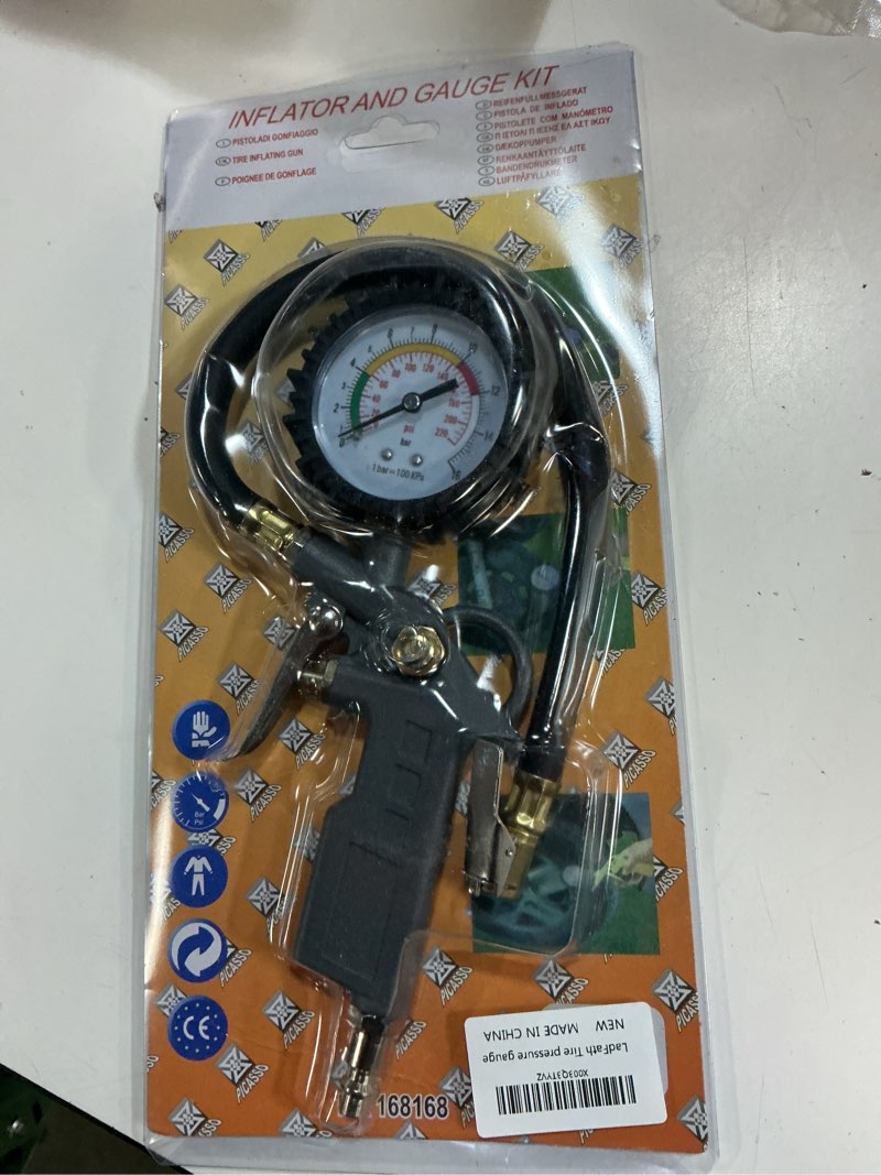 Condition photo showing New/Like New for tire inflator with pressure gauge, 0-220psi dial wheel air tire pressure gauge, heavy duty rubber hose with quick coupler, air compressor tire inflator attachment for cars motorcycle bike