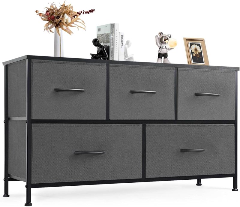  5 Drawer Dresser,Wide Chest of Drawers for Bedroom with Metal Frame for TV,Gray  