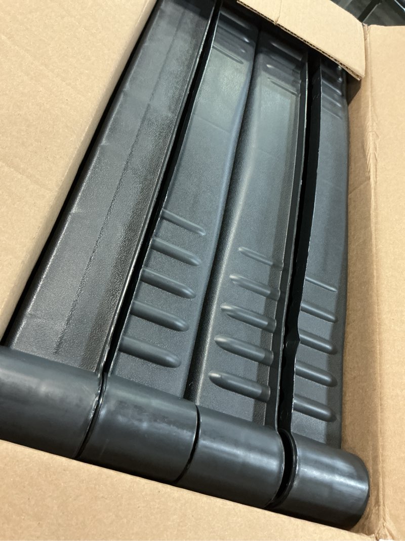 Condition photo showing Good Condition for plano 4-shelf plastic storage shelves, 48” x 23” x 14”, 200lb capacity, pantry, office, closet and garage shelves, easy to assemble, durable plastic shelving unit