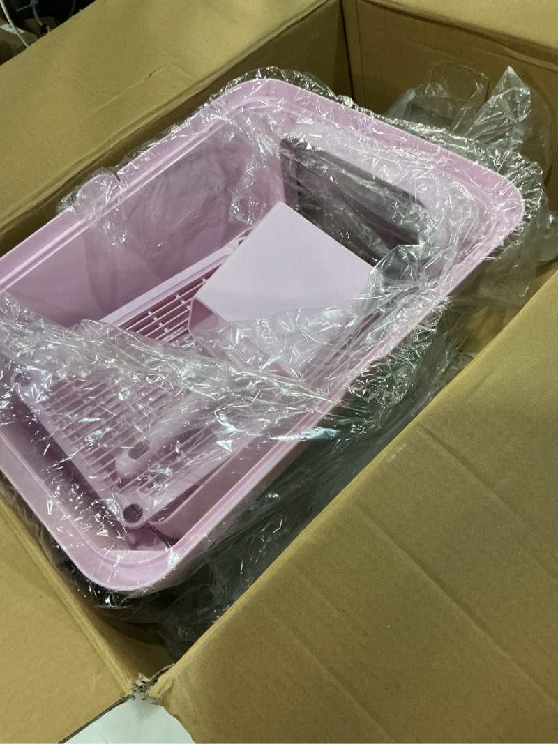 Condition photo showing Good Condition for rizzari cat litter box: pink stainless steel odor control pan - easy clean non-porous - 11.6" high sides anti-scatter - open top for fast scooping - with scoop - apartment bathroom/laundry room