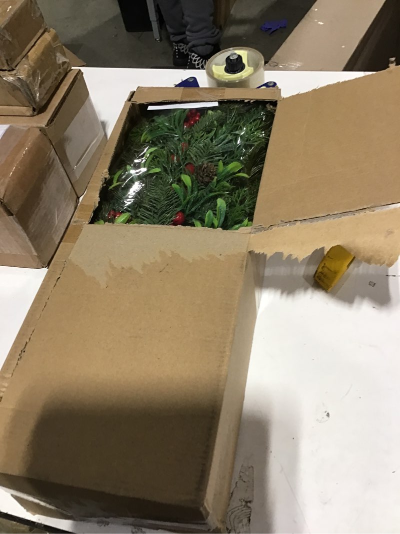 Condition photo showing New/Like New for 2 Pack Christmas Teardrop Swags 23.6" Artificial Pine Greenery with Rustic Cow Bells Vintage Cedar Pine Needles with Brown Bow Red Berries for Front Door Outdoor Farmhouse Wall Hanging Decor Brown Pine