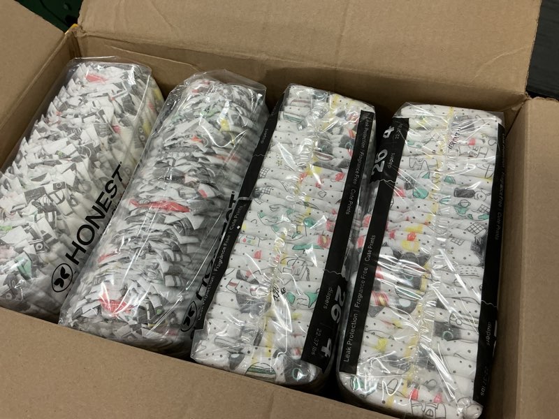 Condition photo showing New/Like New for The Honest Company Comfort Dry Disposable Diapers for Sensitive Skin, Hypoallergenic, Space Travel + Big Trucks, Super Club Box Size 4 (22–37 lbs) 104 Count