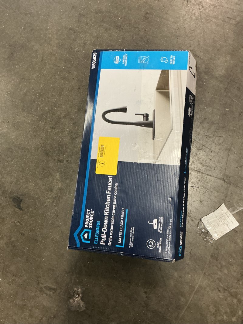 Condition photo showing Good Condition for project source ellesburg matte black single handle deck-mount pull-down kitchen faucet with sprayer (includes deck plate)