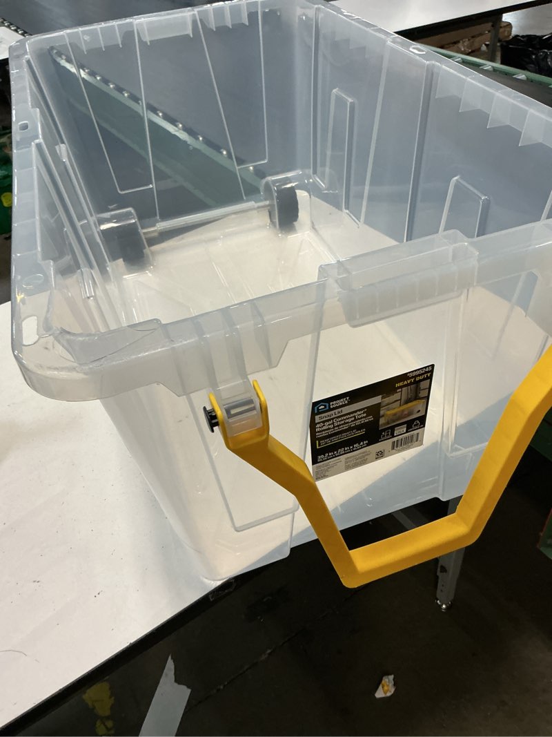 Condition photo showing As Is for project source commander x-large 40-gallon s (160-quart) clear heavy duty rolling tote with standard snap lid