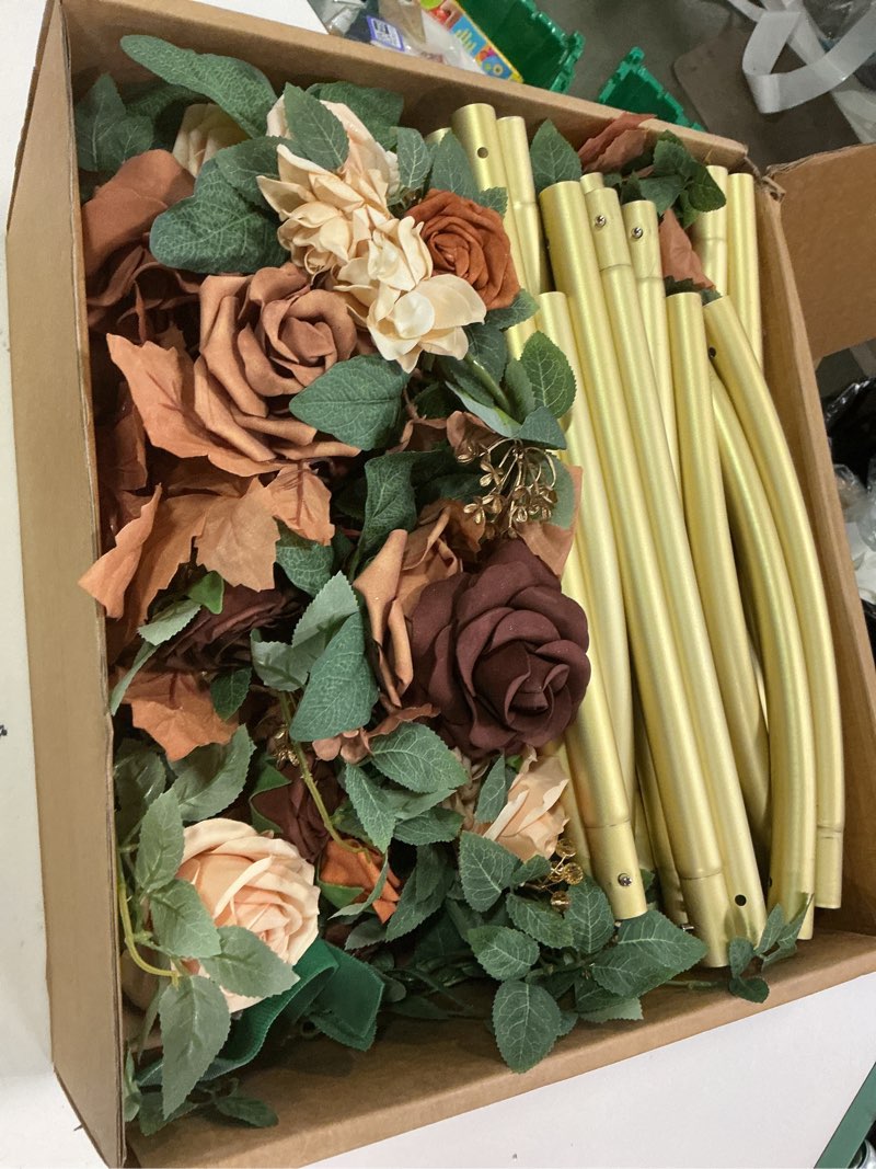 Condition photo showing Good Condition for Ling's Moment Deluxe Wedding Arch Flowers with Sheer Drapes Kit - Artificial Walnut Brown Floral Arrangements for Ceremony Backdrop, Garden Arbor Decor, 5-Piece Set (2 Flower Stems + 3 Hanging Drapes) Brn-walnut Brown