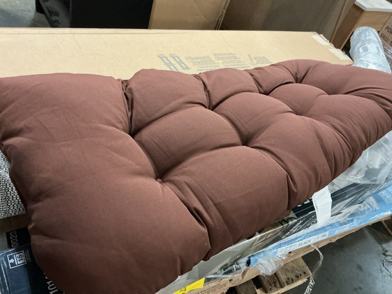 Condition photo showing As Is for 42-inch by 19-inch u-shaped twill tufted settee/bench cushion