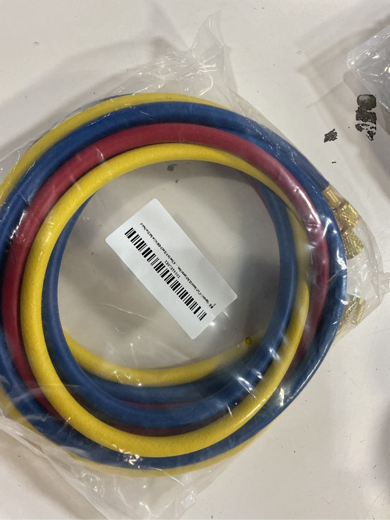 Condition photo showing New/Like New for upgraded 1/4" left handed a2l refrigerant hose, 72", 1/4" female left flare to female right flare for a2l refrigerant, 45 angled fittings, hvac hose for r-32 and r-454b yellow/red/blue(pack of 3) 72" left-handed hose