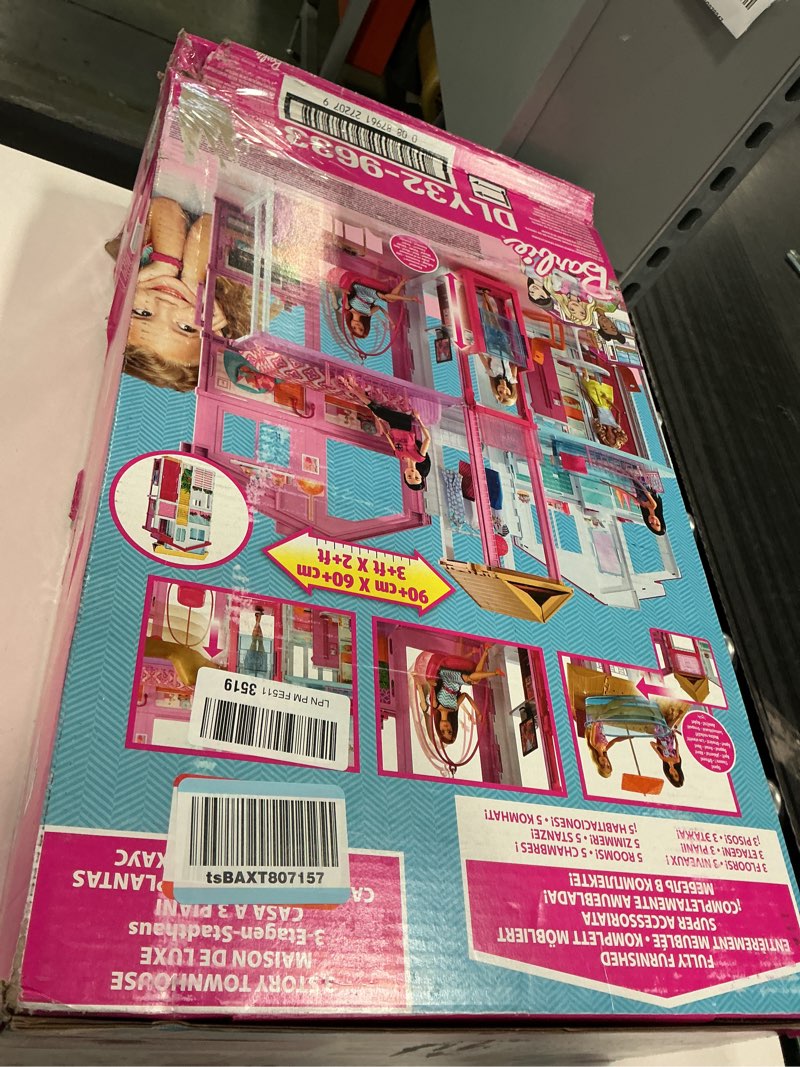 Condition photo showing New/Like New for Barbie 3-Story Townhouse Dollhouse with Elevator, Swing Chair, Furniture and Accessories, Fold for Portability and Travel (Amazon Exclusive)