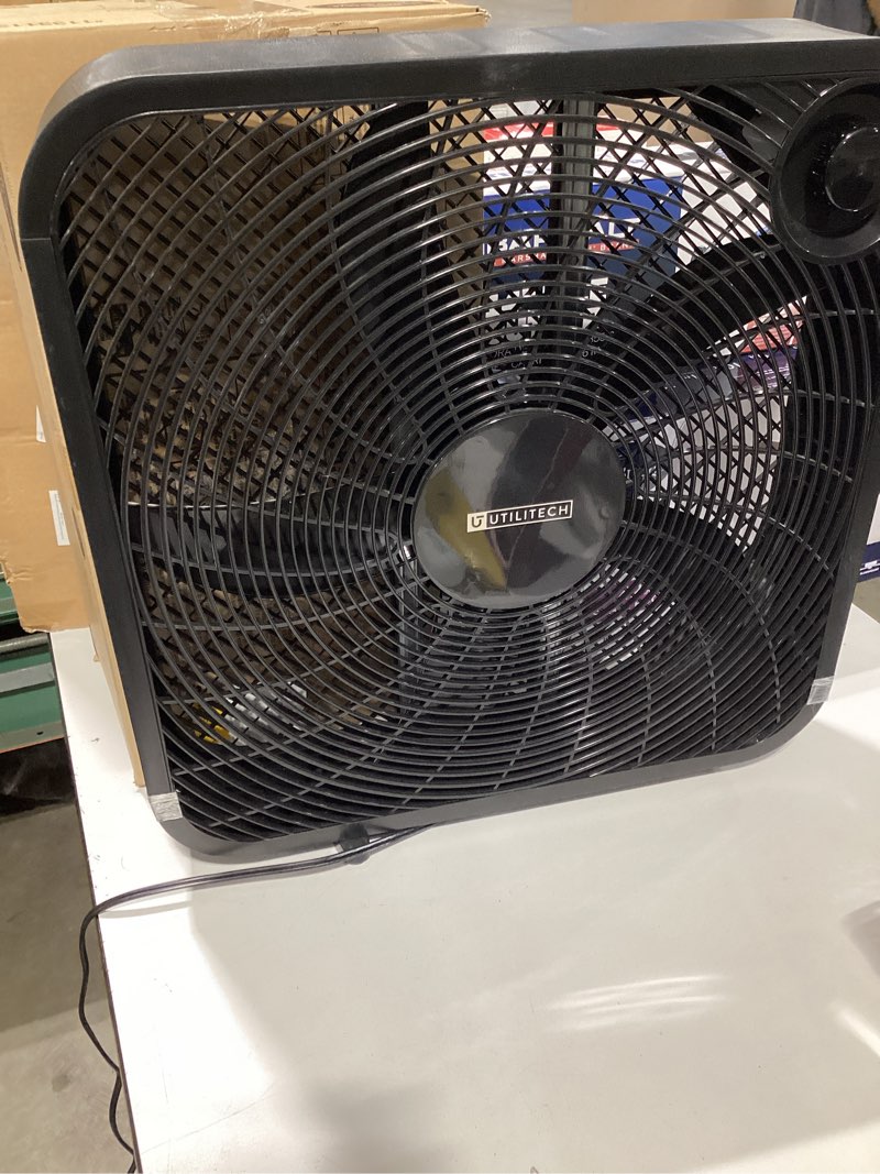 Condition photo showing As Is for utilitech 20-in high velocity indoor box fan, in black