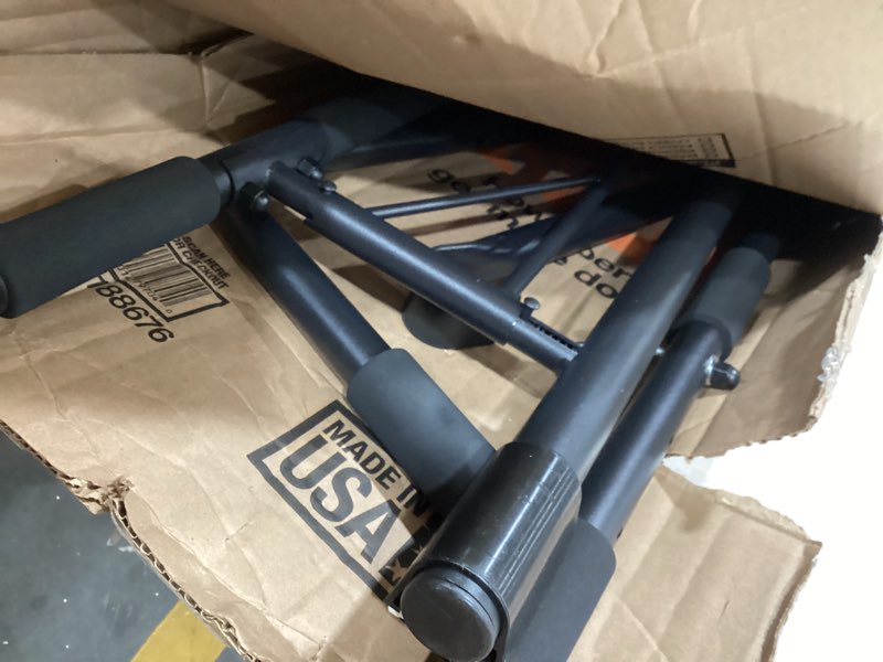 Condition photo showing As Is for jackal door pullup bar and dip bar station - removable dip bars, rigid no wobble, easy folding storage, no screws, dip station and pull-up bar for doorway, collapsible dip station, no door damage, high weight capacity, foldable bodyweight workout station
