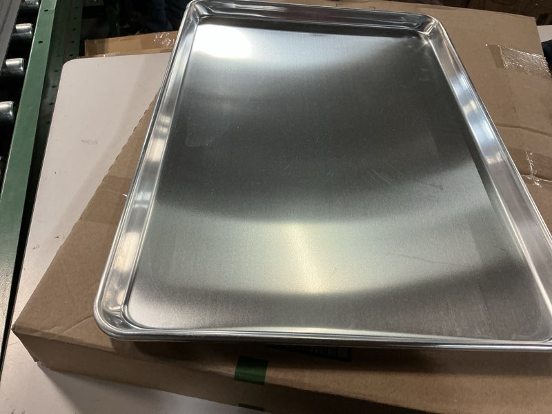 Condition photo showing New/Like New for chef approved 26" wide aluminum sheet pan | full size heavy weight baking bun for restaurant | closed bead, 26"w x 18"d x 1.13"h, 16-gauge (commercial oven use only, does not fit residential oven)
