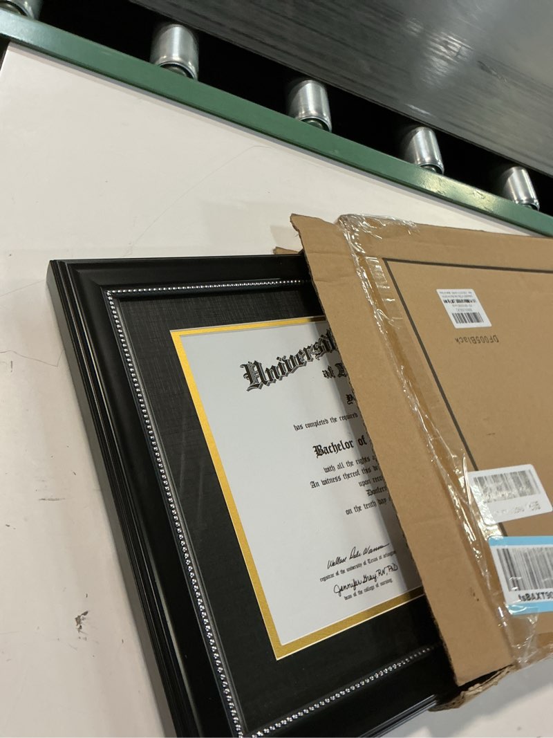 Condition photo showing Good Condition for graduationmall 11x17 black diploma frame with tassel holder for 8.5x11 certificate document,real glass, black over gold mat black with silver beads diploma + tassel