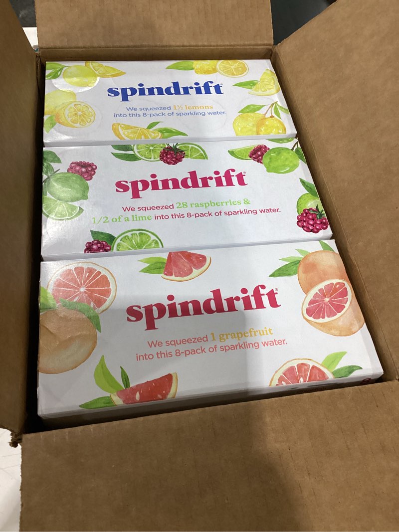 Condition photo showing New/Like New for spindrift sparkling water, core 3 flavor variety pack, made with real squeezed fruit, 12 fl oz cans, pack of 24 variety pack; lemon, raspberry lime, grapefruit 12 fl oz (pack of 1)