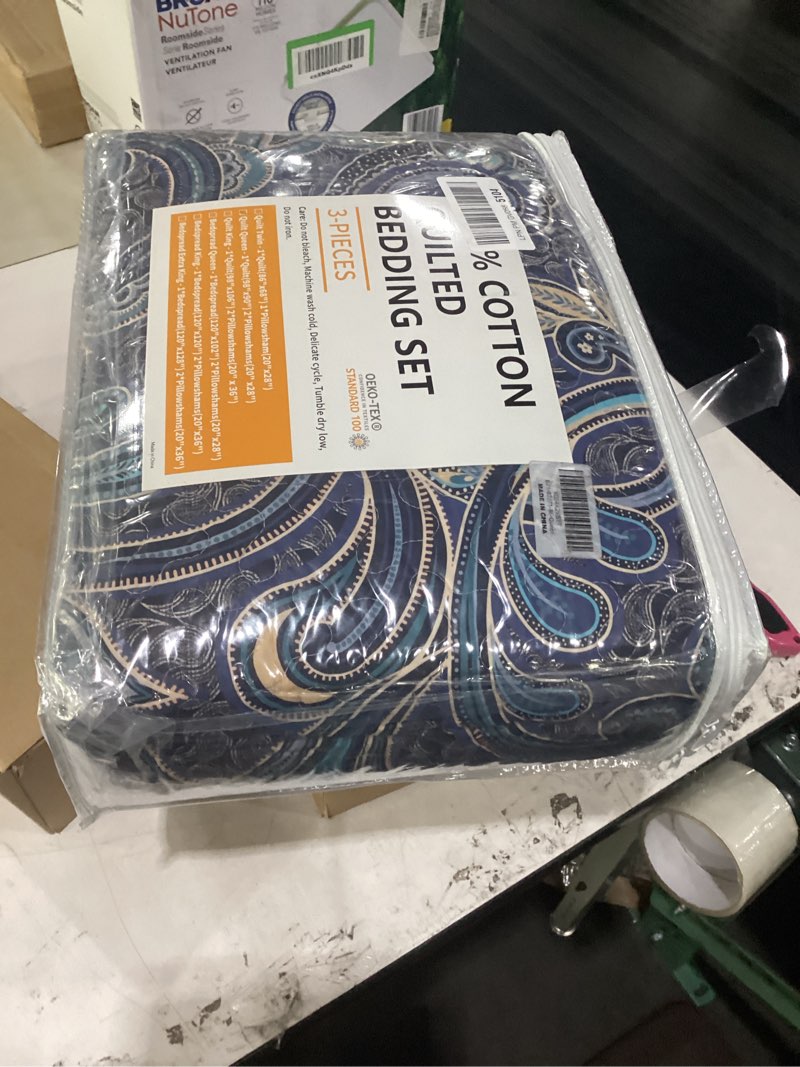 Condition photo showing Good Condition for queen quilt set - 100% cotton quilts queen size with matching shams, vintage paisley floral design reversible bedspread, 3 pieces lightweight coverlet set for all season, navy/teal navy/teal/gold queen(90"x98")