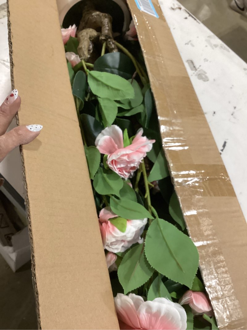 Condition photo showing Good Condition for 2 pack 38" artificial camellia tree, artificial plants outdoor faux plants in pot, artificial flower for outdoors front porch decor, fake tree plant faux flowers for indoor outdoor home decor, pink pink 38 inch×2