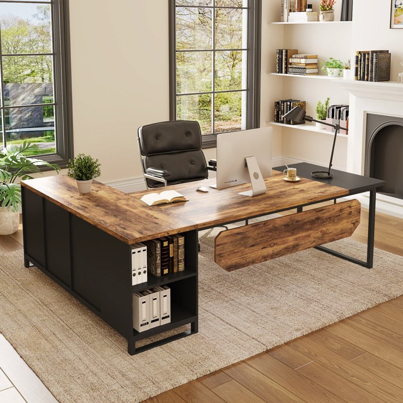 Large L-Shaped Desk, 70.87" Executive Desk With 55" File Cabinet(incomplete box a)