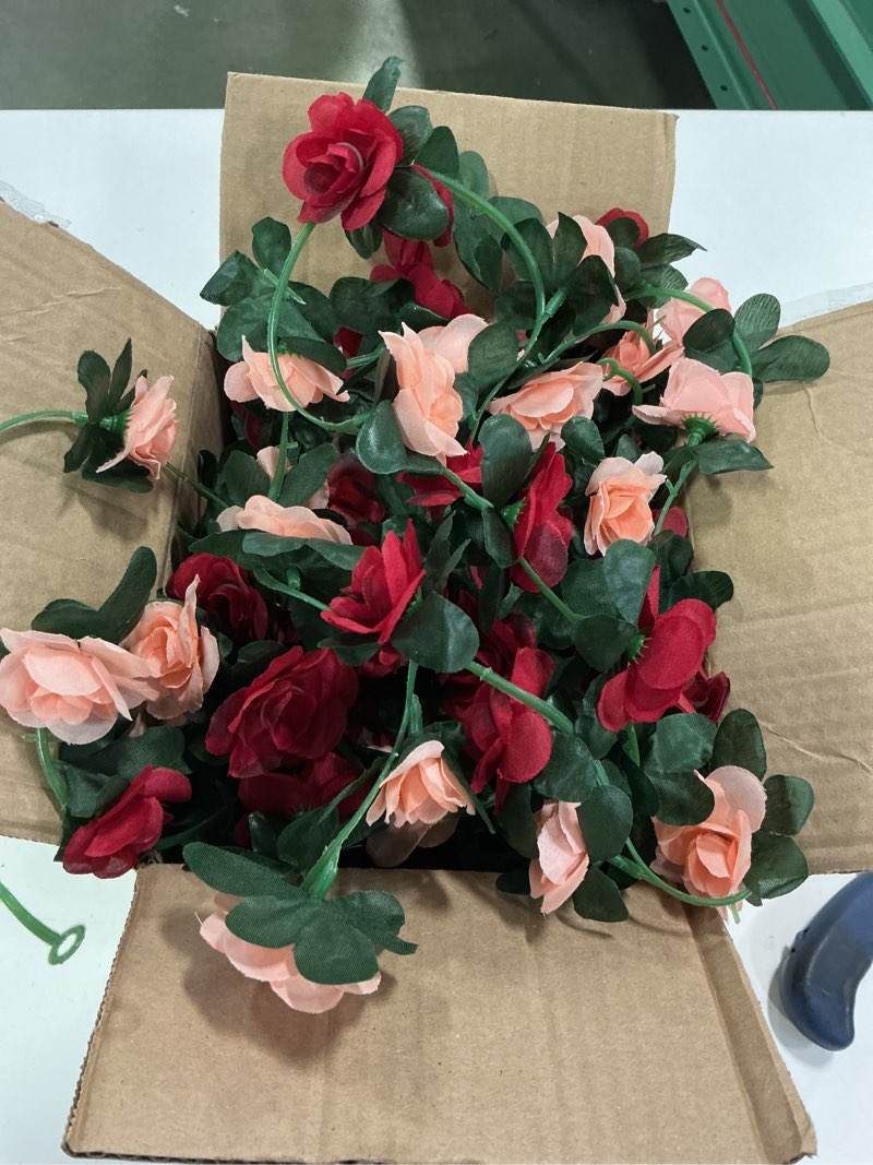 Condition photo showing As Is for 8Pcs 63Ft Burgundy Rose Garland, Fake Flower Vines, Artificial Vine Flowers, Rose Hanging Garland for Party Wedding, Garden, Room Table, Christmas, Backdrop Wall Arch Decor Burgundy-2 8Pcs-63Ft