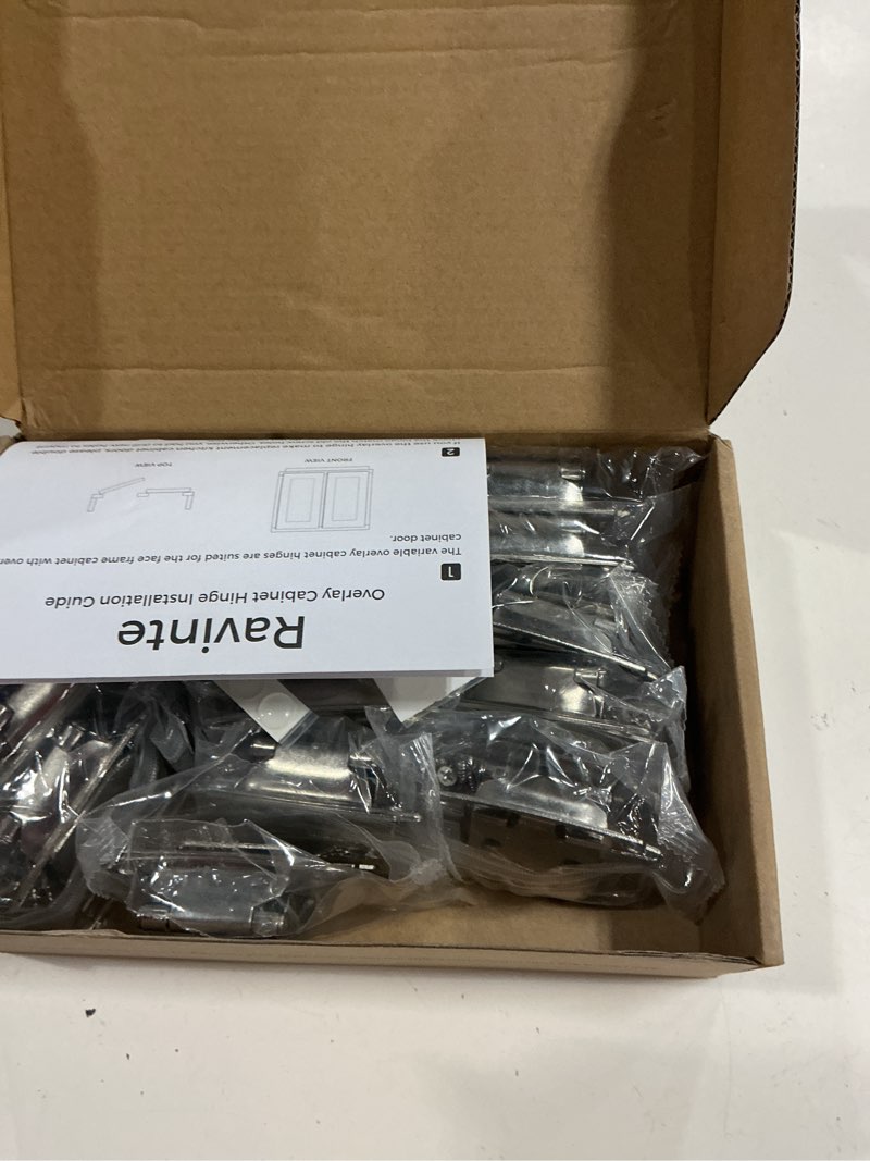 Condition photo showing New/Like New for ravinte 30 pack (15 pairs) 1/2 inch overlay cabinet hinges, self-closing semi-concealed face mount, satin nickel decorative hardware with door bumpers for kitchen & cupboard doors, silver 30 satin nickel