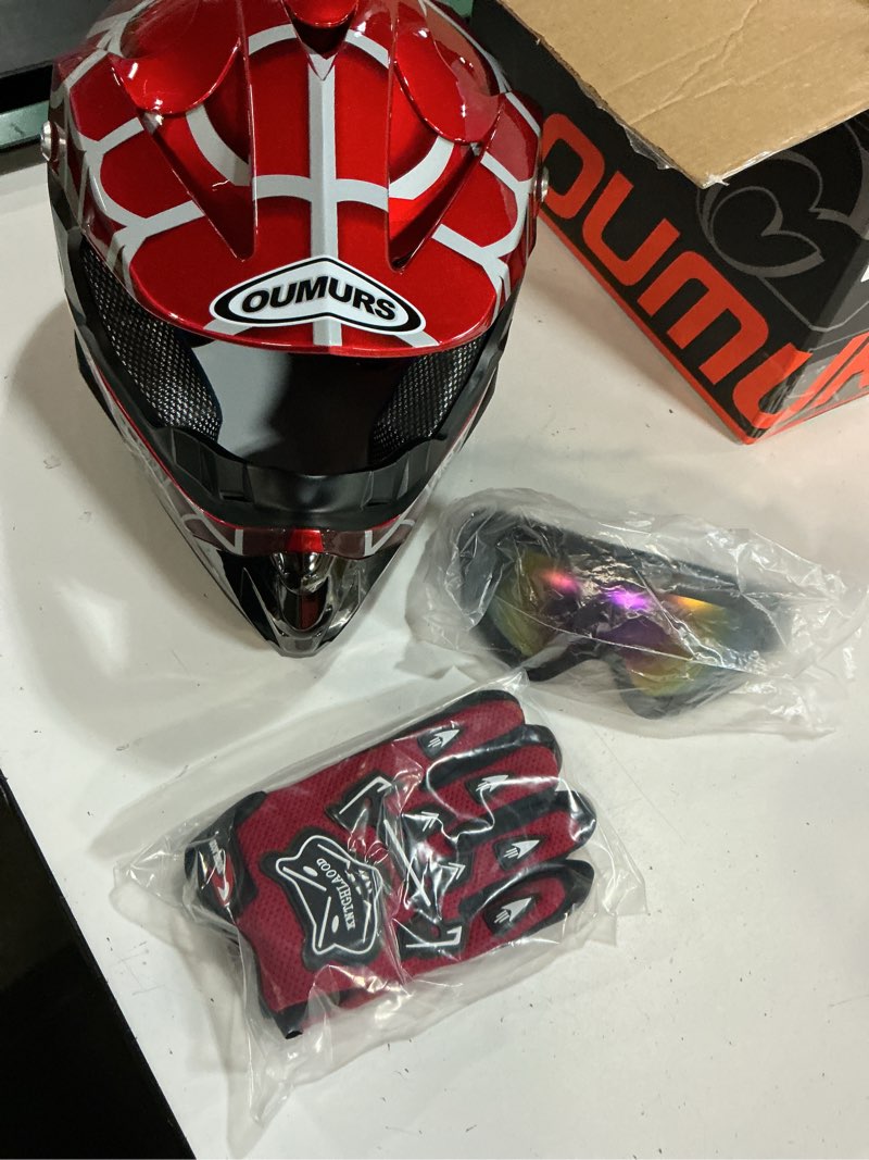 Condition photo showing Good Condition for (size:s)youth dirt bike helmet dot certified for boys & girls ages 5-14, four wheeler, motocross, bmx, mx, utv, go kart, racing, skateboard, baseball red cobweb small